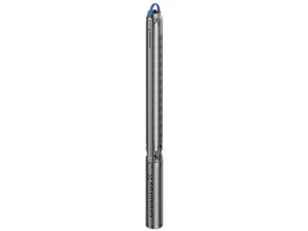 Unterwasserpumpe von Grundfos, zylindrisches Design in Silber mit einer blauen Dichtung oben. Die Pumpe hat eine glatte Oberfläche und ist für den Einsatz im Wasser konzipiert.